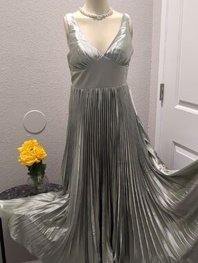 Silver Satin Pleated V-Neck Maxi Dress